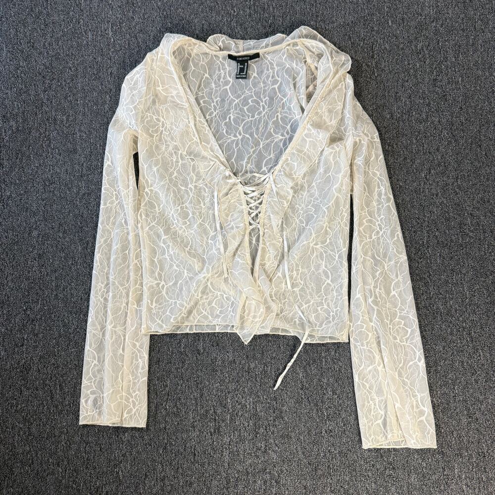 Vintage Y2k Floral Lace Coquette Tie Front Longsleeve Women's Blouse XS